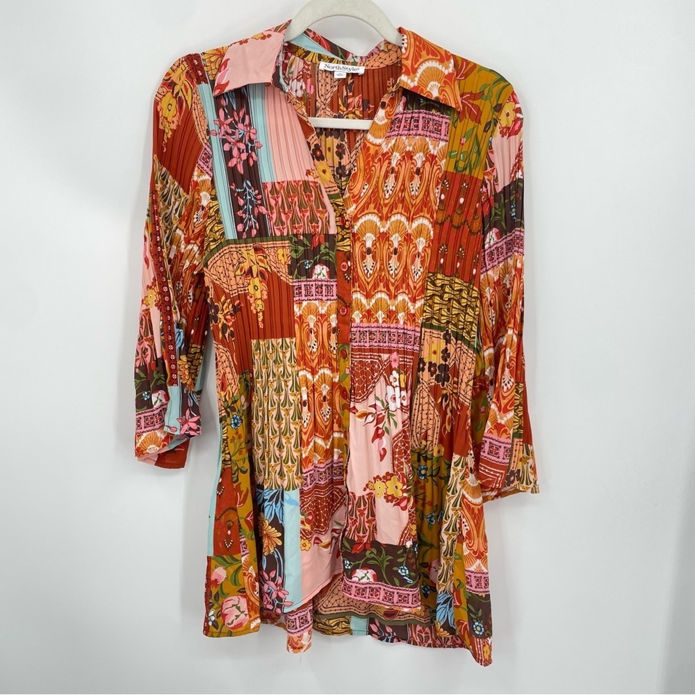 North Style Womens 1X Blouse Top Patchwork Floral Retro Tunic Cottage Rust Green